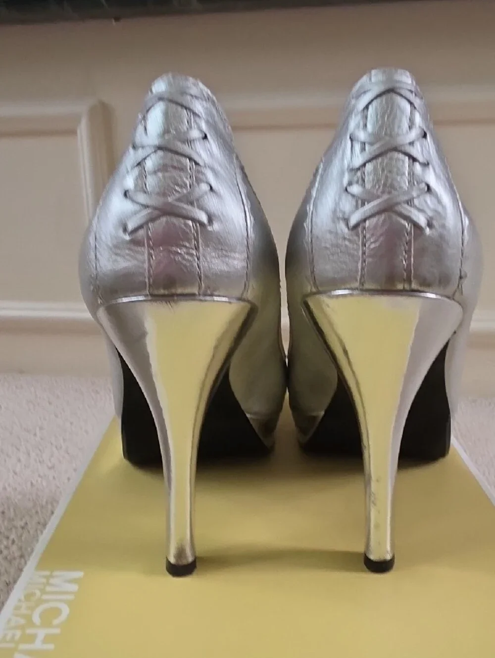 Michael Kors Metallic Silver Peep-Toe Heels with Bow Detail